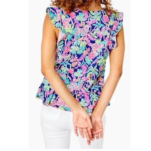 Lilly Pulitzer Size Large Lacie Peplum Blouse Top Ruffle Sleeve - Picture 2 of 3